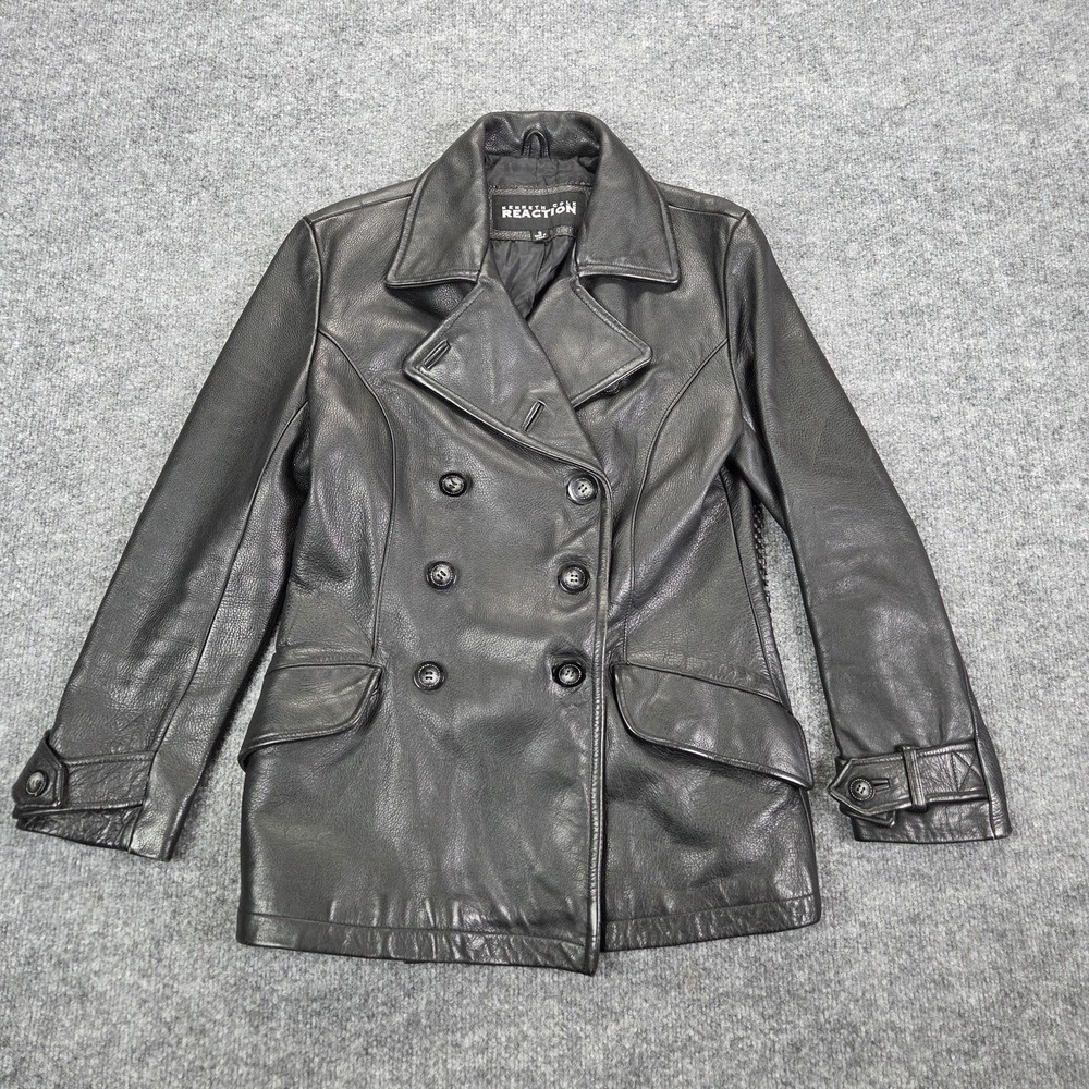 Kenneth Cole Reaction Jacket Womens Small‎ Black Leather Peacoat Trench Coat